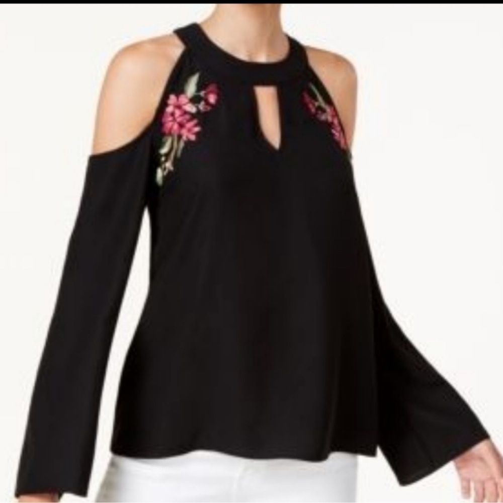 Thalia Sodi -  Black Cold Shoulder with Floral Embroidery Top - Size XXL